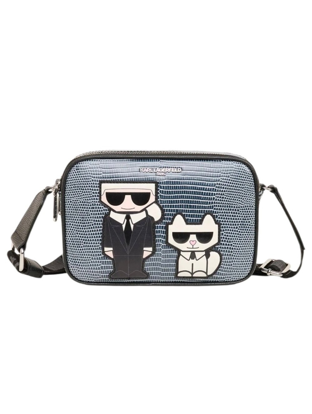 Karl Lagerfeld Black White Graphic Crossbody Bag with Logo Strap